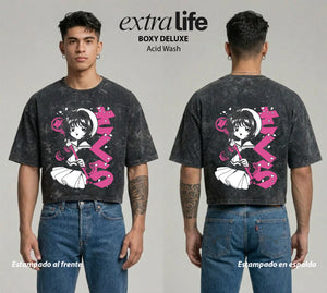 Playera streetwear premium de anime y gaming ExtraLife MX, corte boxy deluxe mineral wash heavyweight en color Acid Wash, moda urbana mexicana de culto.