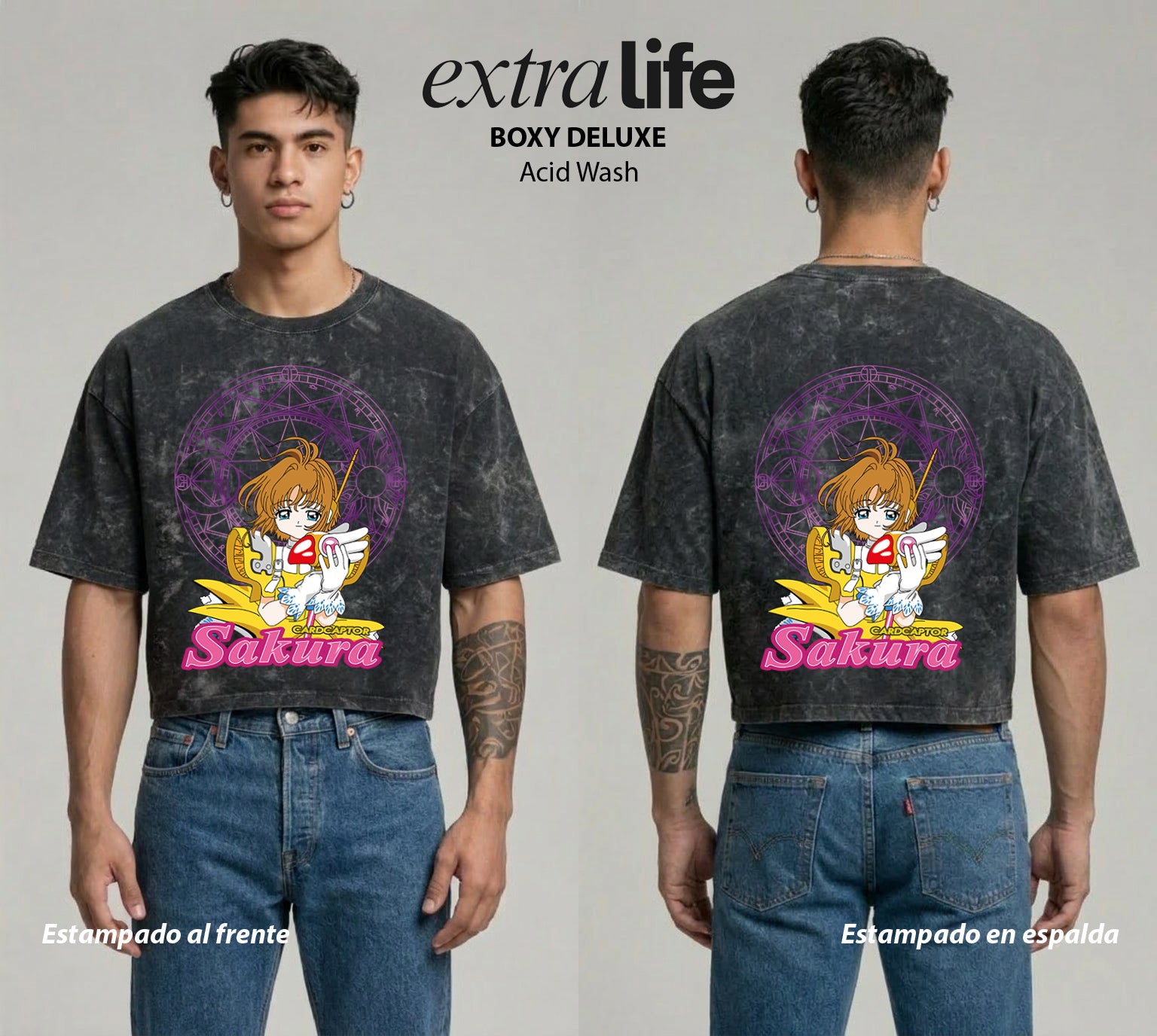 Playera streetwear premium de anime y gaming ExtraLife MX, corte boxy deluxe mineral wash heavyweight en color Acid Wash, moda urbana mexicana de culto.