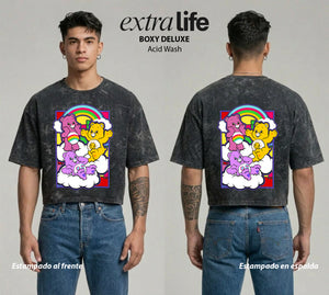 Playera streetwear premium de anime y gaming ExtraLife MX, corte boxy deluxe mineral wash heavyweight en color Acid Wash, moda urbana mexicana de culto.