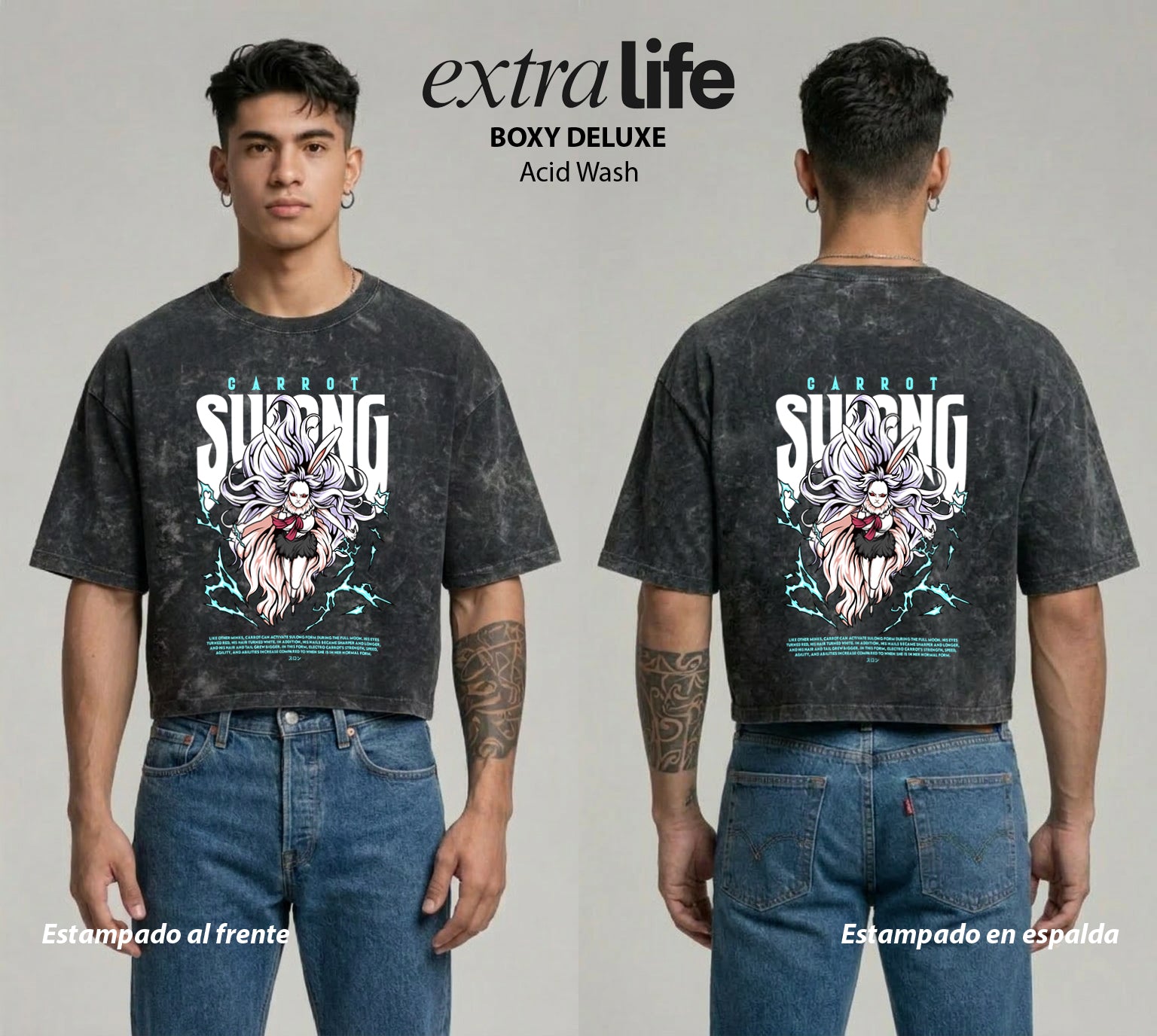 Playera streetwear premium de anime y gaming ExtraLife MX, corte boxy deluxe mineral wash heavyweight en color Acid Wash, moda urbana mexicana de culto.