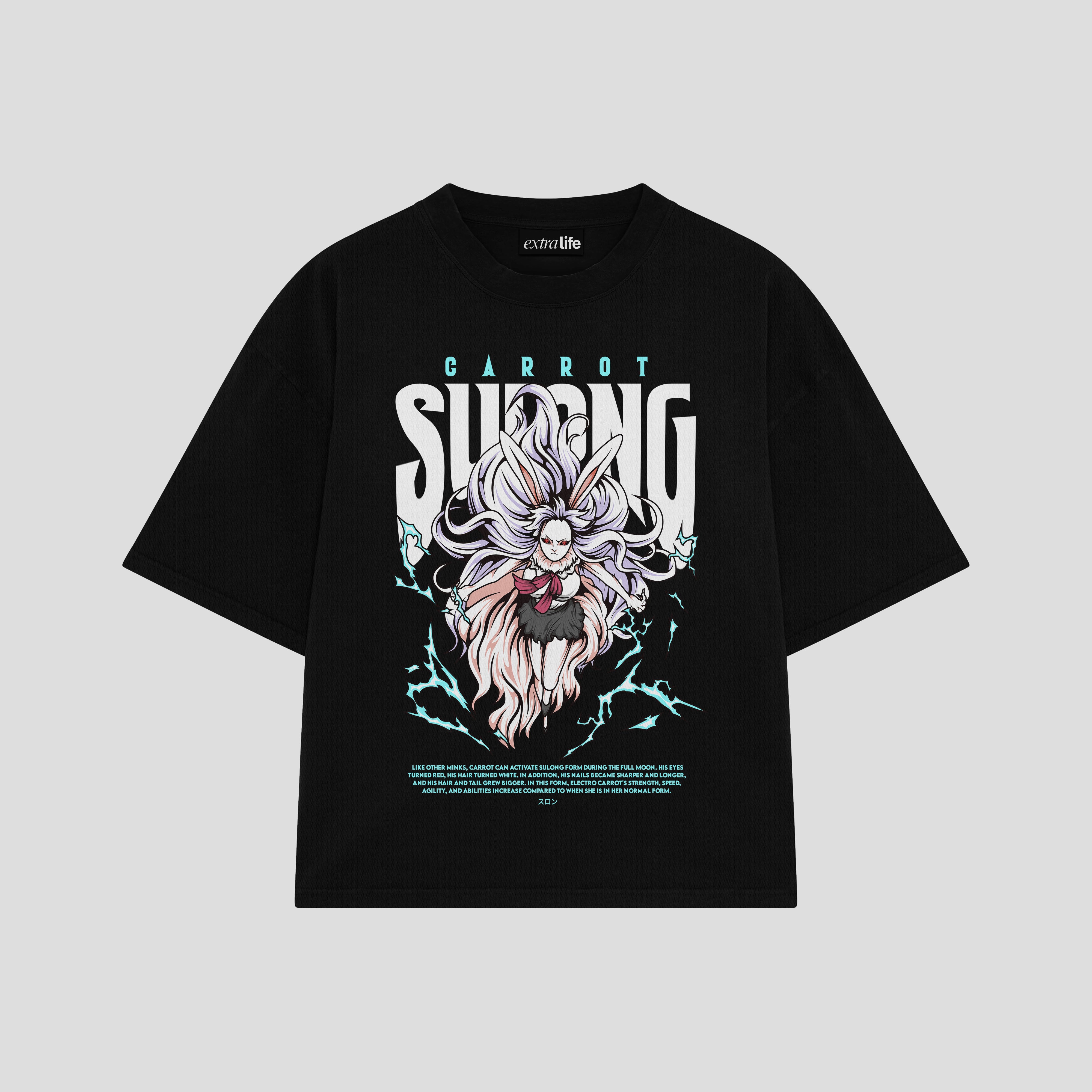 Playera streetwear premium de anime y gaming ExtraLife MX, corte boxy oversized drop shoulder heavyweight en color Deep Black y Off-White, moda urbana mexicana de culto.