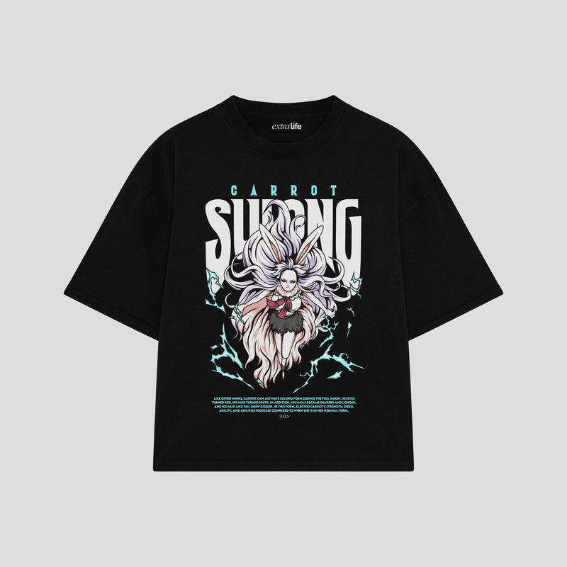 Playera streetwear premium de anime y gaming ExtraLife MX, corte boxy oversized drop shoulder heavyweight en color Deep Black y Off-White, moda urbana mexicana de culto.