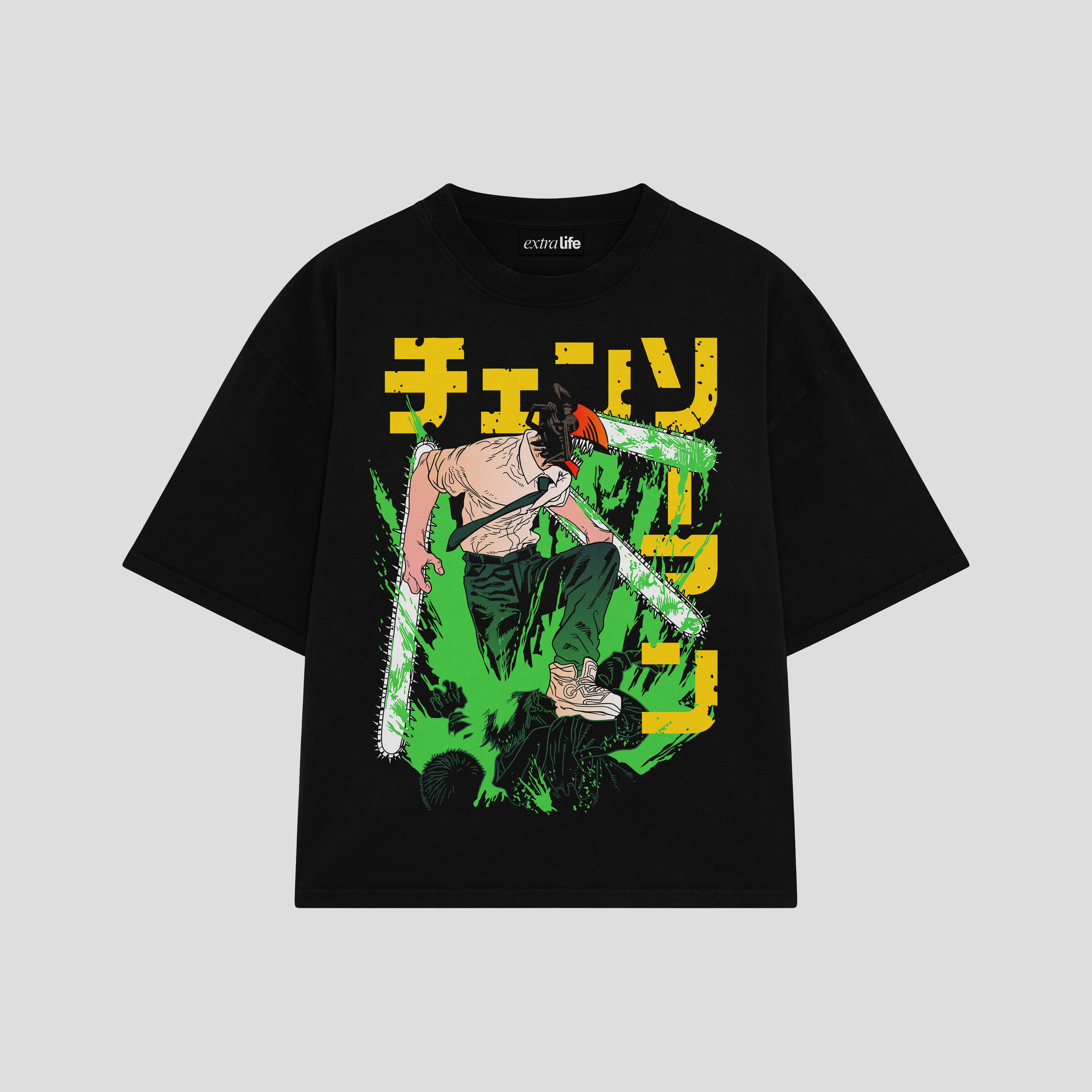 Playera streetwear premium de anime y gaming ExtraLife MX, corte boxy oversized drop shoulder heavyweight en color Deep Black y Off-White, moda urbana mexicana de culto.
