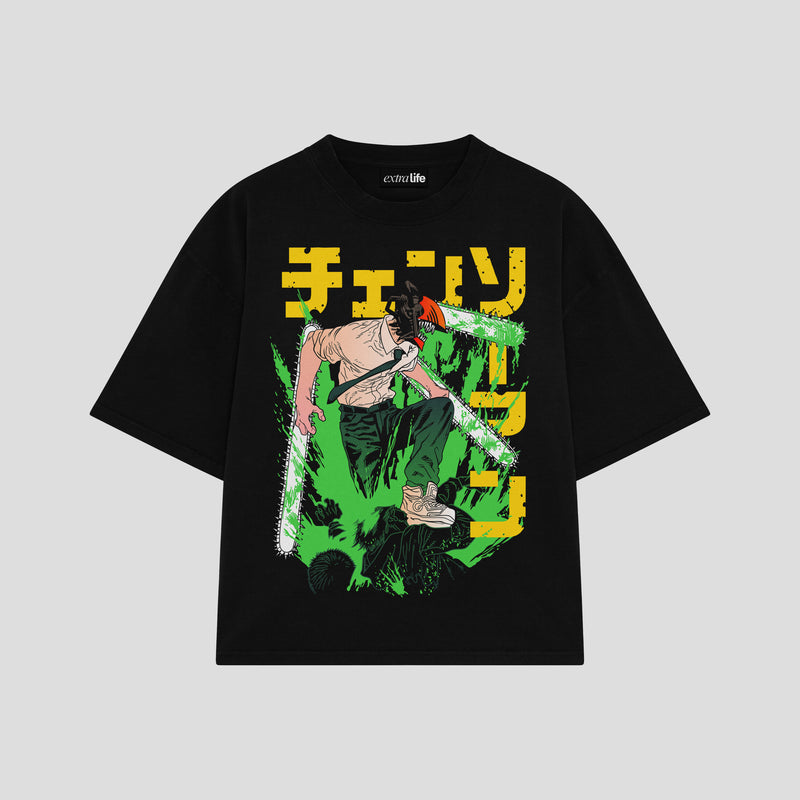 Playera streetwear premium de anime y gaming ExtraLife MX, corte boxy oversized drop shoulder heavyweight en color Deep Black y Off-White, moda urbana mexicana de culto.