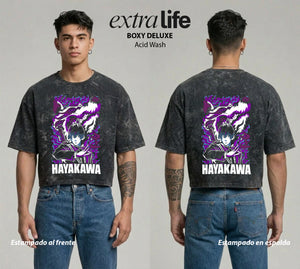 Playera streetwear premium de anime y gaming ExtraLife MX, corte boxy deluxe mineral wash heavyweight en color Acid Wash, moda urbana mexicana de culto.