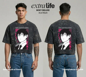 Playera streetwear premium de anime y gaming ExtraLife MX, corte boxy deluxe mineral wash heavyweight en color Acid Wash, moda urbana mexicana de culto.