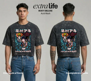 Playera streetwear premium de anime y gaming ExtraLife MX, corte boxy deluxe mineral wash heavyweight en color Acid Wash, moda urbana mexicana de culto.