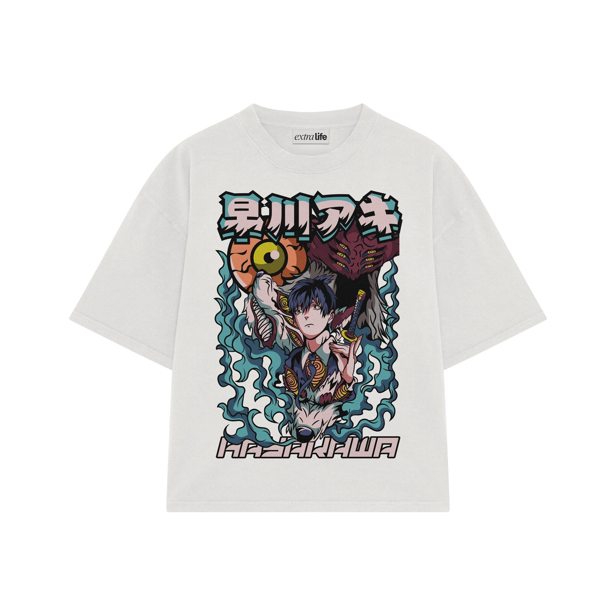 Playera streetwear premium de anime y gaming ExtraLife MX, corte oversized drop shoulder ligero y fresco en color Deep Black y Off-White, moda urbana mexicana de culto.