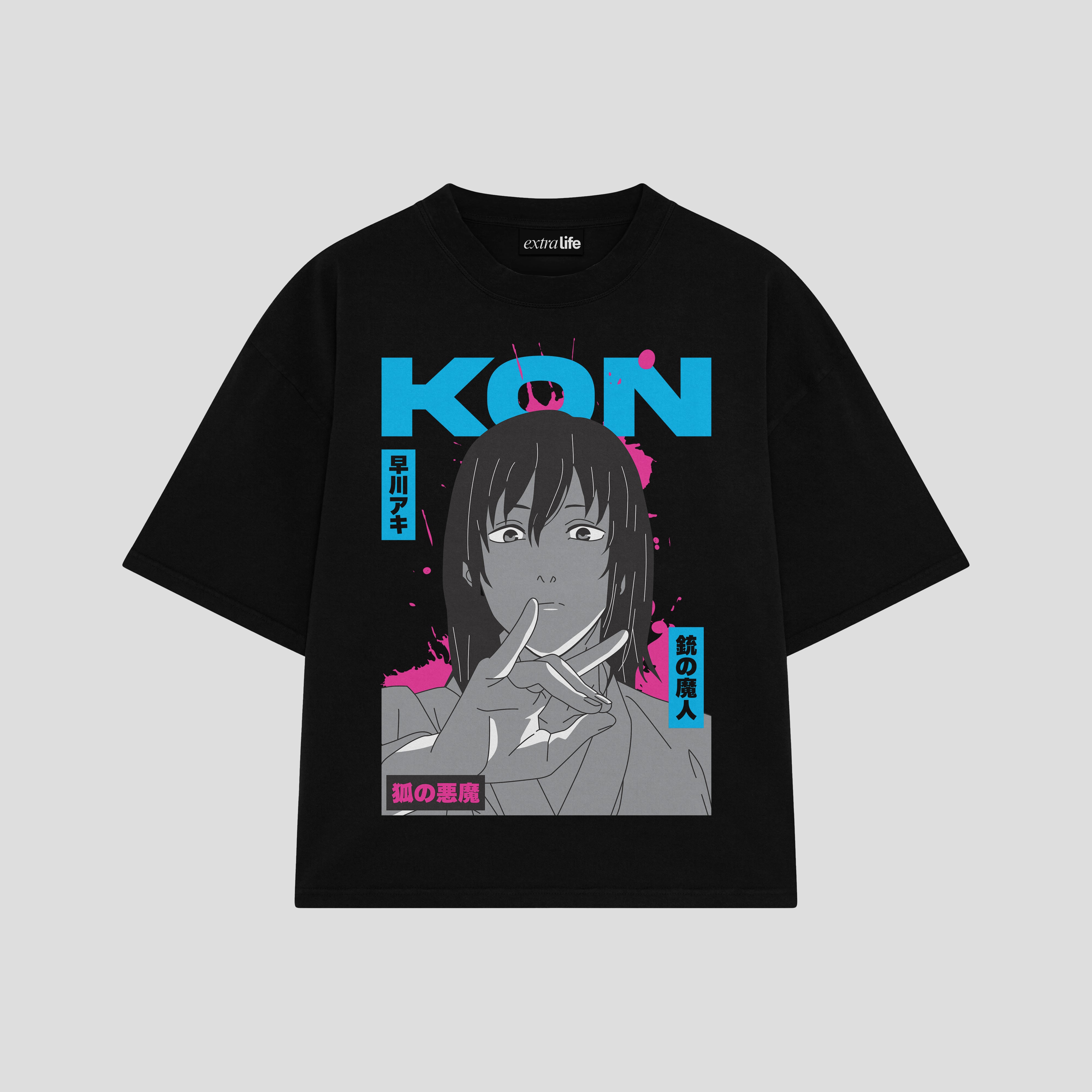 Playera streetwear premium de anime y gaming ExtraLife MX, corte boxy oversized drop shoulder heavyweight en color Deep Black y Off-White, moda urbana mexicana de culto.