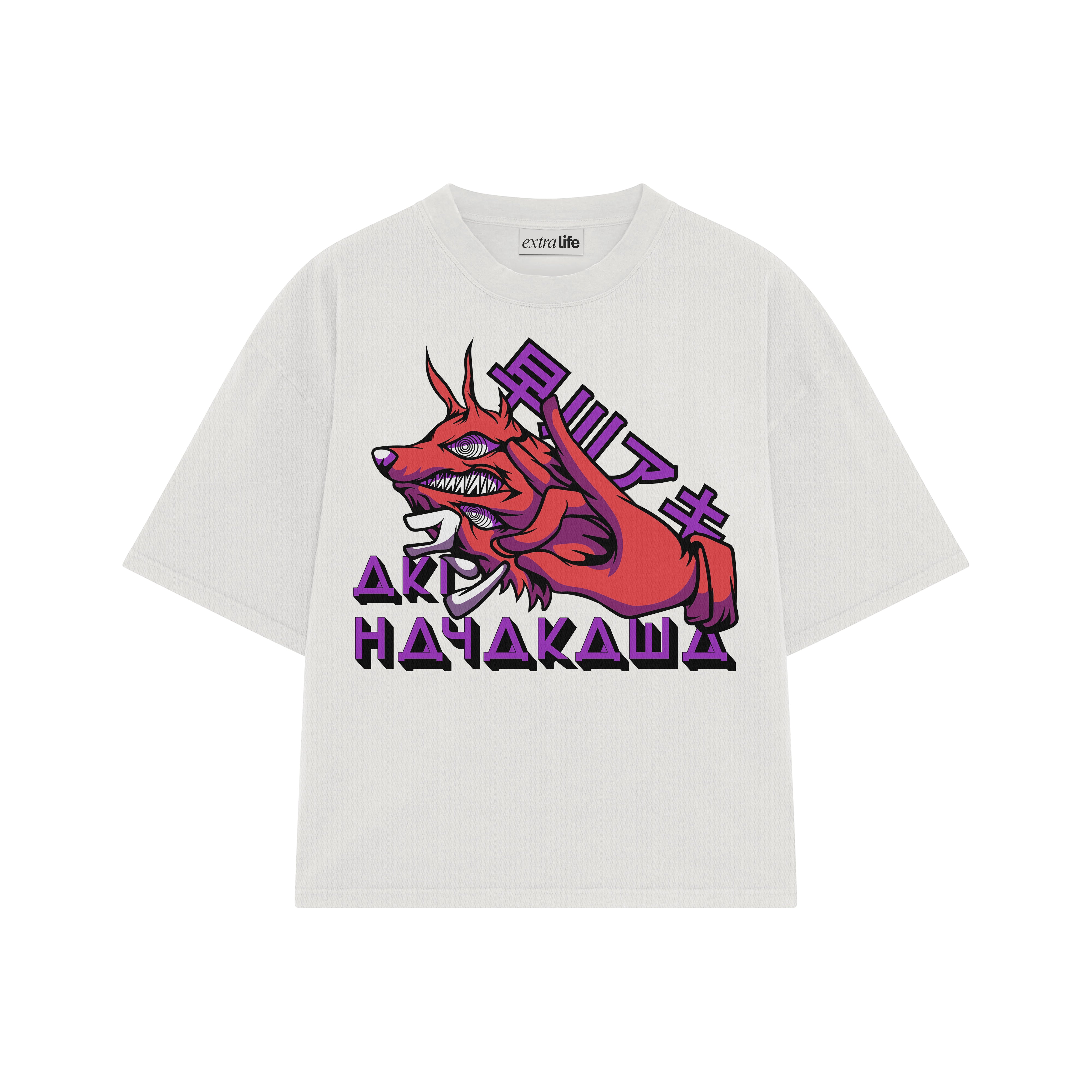 Playera streetwear premium de anime y gaming ExtraLife MX, corte boxy oversized drop shoulder heavyweight en color Deep Black y Off-White, moda urbana mexicana de culto.