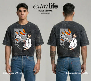 Playera streetwear premium de anime y gaming ExtraLife MX, corte boxy deluxe mineral wash heavyweight en color Acid Wash, moda urbana mexicana de culto.