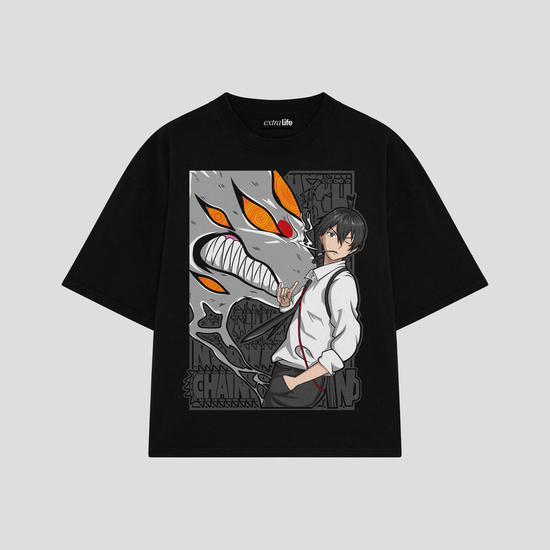 Playera streetwear premium de anime y gaming ExtraLife MX, corte boxy oversized drop shoulder heavyweight en color Deep Black y Off-White, moda urbana mexicana de culto.