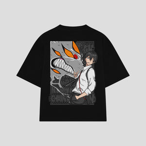 Playera streetwear premium de anime y gaming ExtraLife MX, corte boxy oversized drop shoulder heavyweight en color Deep Black y Off-White, moda urbana mexicana de culto.