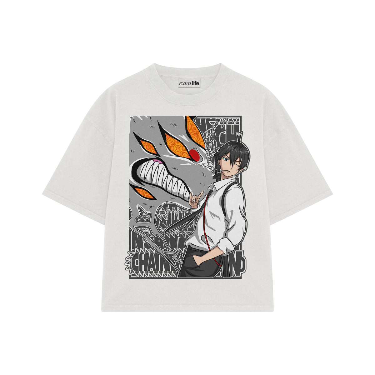 Playera streetwear premium de anime y gaming ExtraLife MX, corte oversized drop shoulder ligero y fresco en color Deep Black y Off-White, moda urbana mexicana de culto.