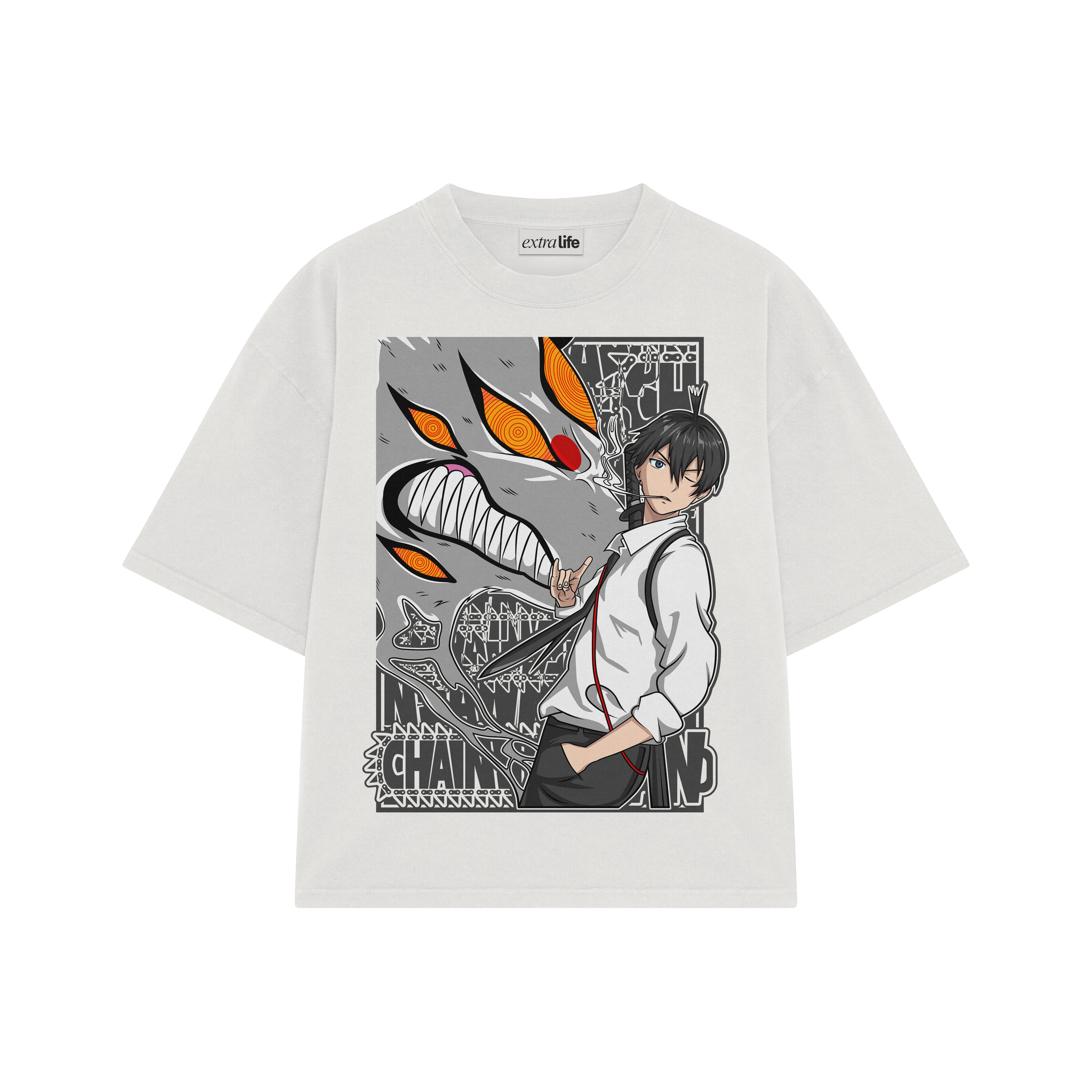 Playera streetwear premium de anime y gaming ExtraLife MX, corte boxy oversized drop shoulder heavyweight en color Deep Black y Off-White, moda urbana mexicana de culto.
