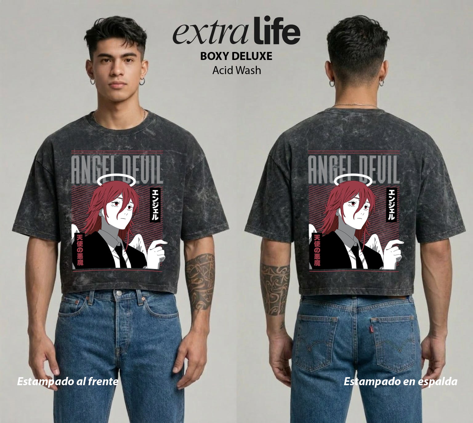 Playera streetwear premium de anime y gaming ExtraLife MX, corte boxy deluxe mineral wash heavyweight en color Acid Wash, moda urbana mexicana de culto.