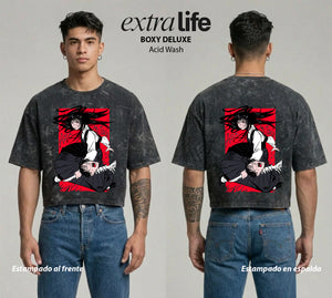 Playera streetwear premium de anime y gaming ExtraLife MX, corte boxy deluxe mineral wash heavyweight en color Acid Wash, moda urbana mexicana de culto.
