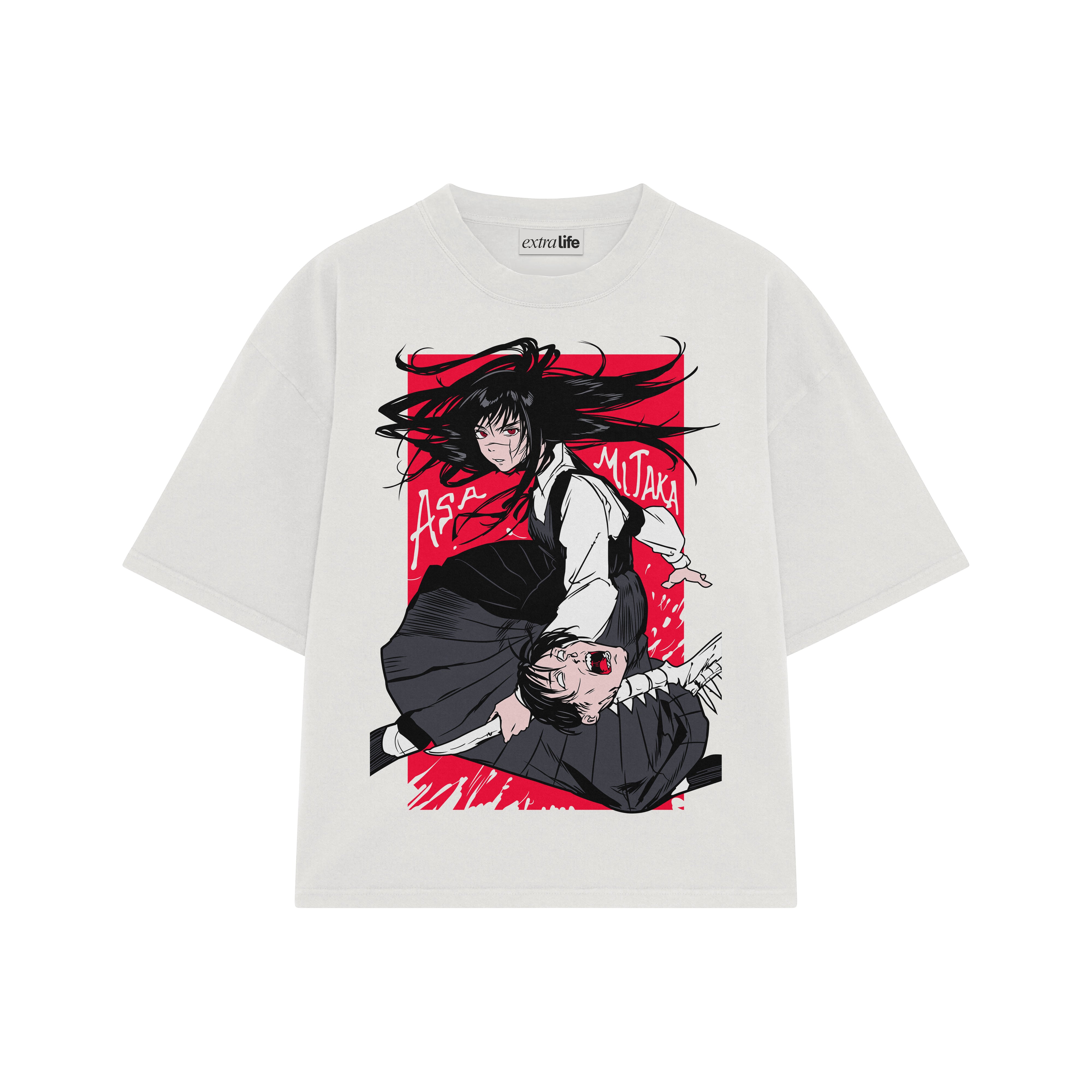 Playera streetwear premium de anime y gaming ExtraLife MX, corte boxy oversized drop shoulder heavyweight en color Deep Black y Off-White, moda urbana mexicana de culto.