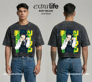 Playera streetwear premium de anime y gaming ExtraLife MX, corte boxy deluxe mineral wash heavyweight en color Acid Wash, moda urbana mexicana de culto.