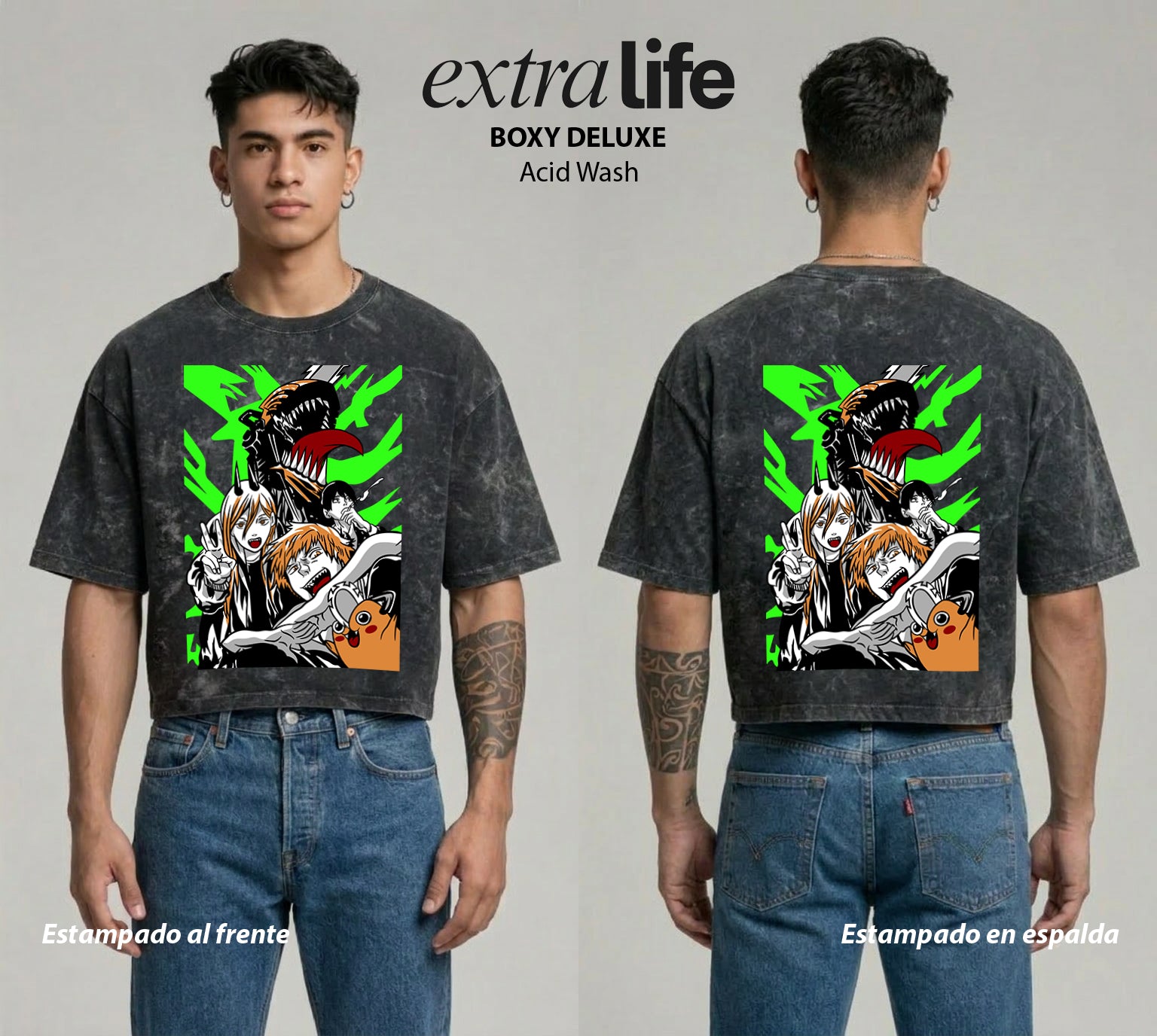 Playera streetwear premium de anime y gaming ExtraLife MX, corte boxy deluxe mineral wash heavyweight en color Acid Wash, moda urbana mexicana de culto.