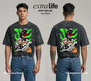 Playera streetwear premium de anime y gaming ExtraLife MX, corte boxy deluxe mineral wash heavyweight en color Acid Wash, moda urbana mexicana de culto.
