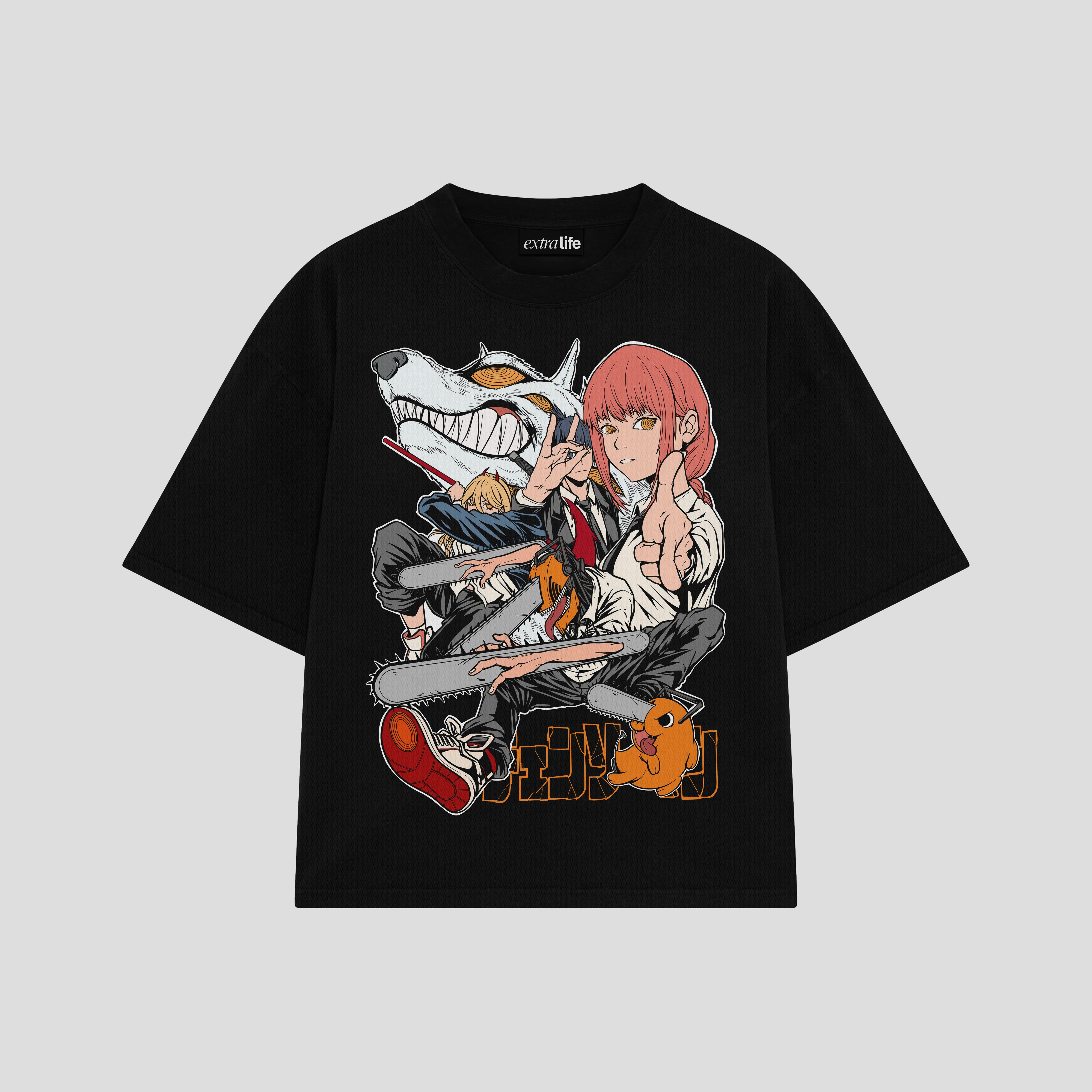 Playera streetwear premium de anime y gaming ExtraLife MX, corte boxy oversized drop shoulder heavyweight en color Deep Black y Off-White, moda urbana mexicana de culto.