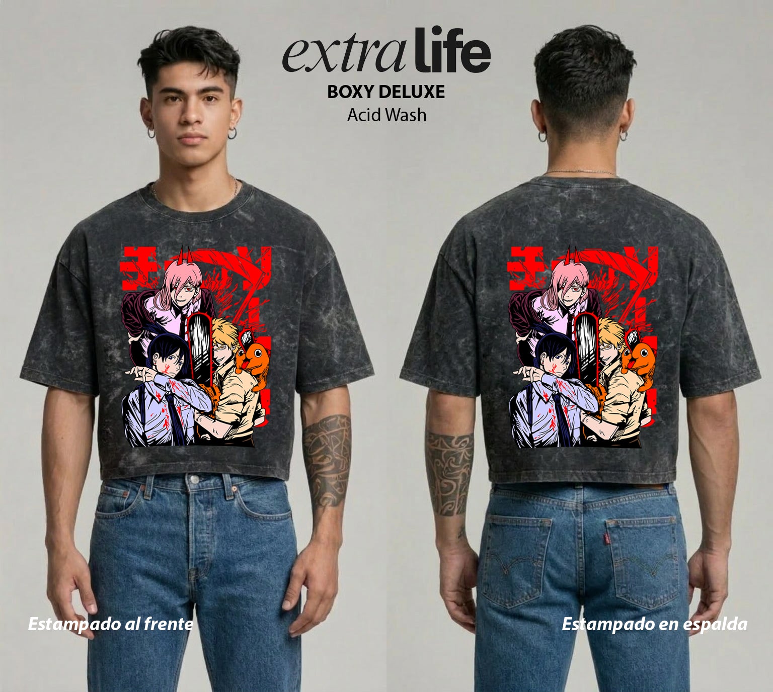 Playera streetwear premium de anime y gaming ExtraLife MX, corte boxy deluxe mineral wash heavyweight en color Acid Wash, moda urbana mexicana de culto.