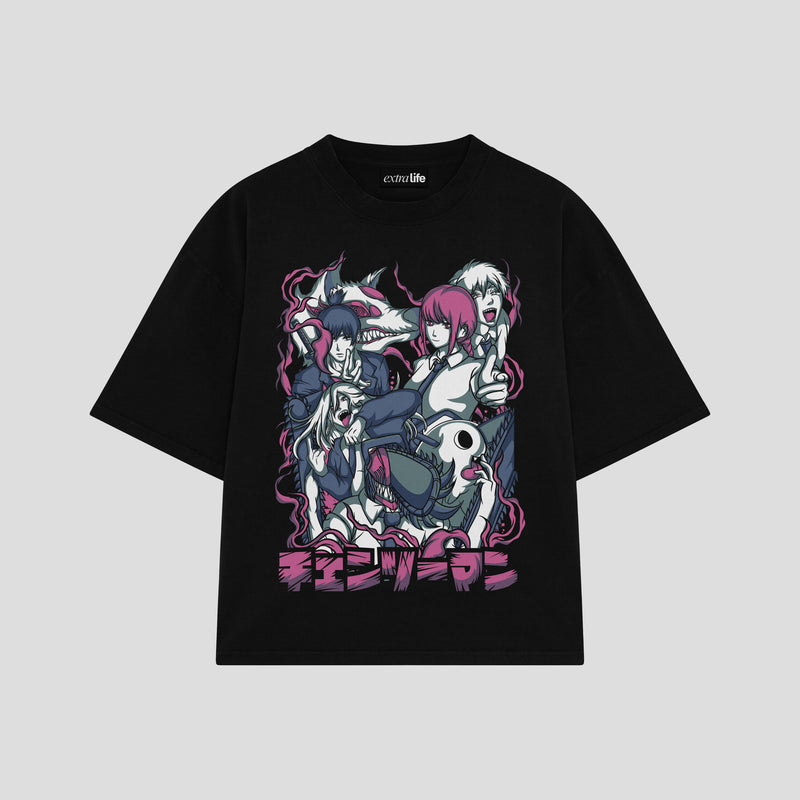 Playera streetwear premium de anime y gaming ExtraLife MX, corte boxy oversized drop shoulder heavyweight en color Deep Black y Off-White, moda urbana mexicana de culto.