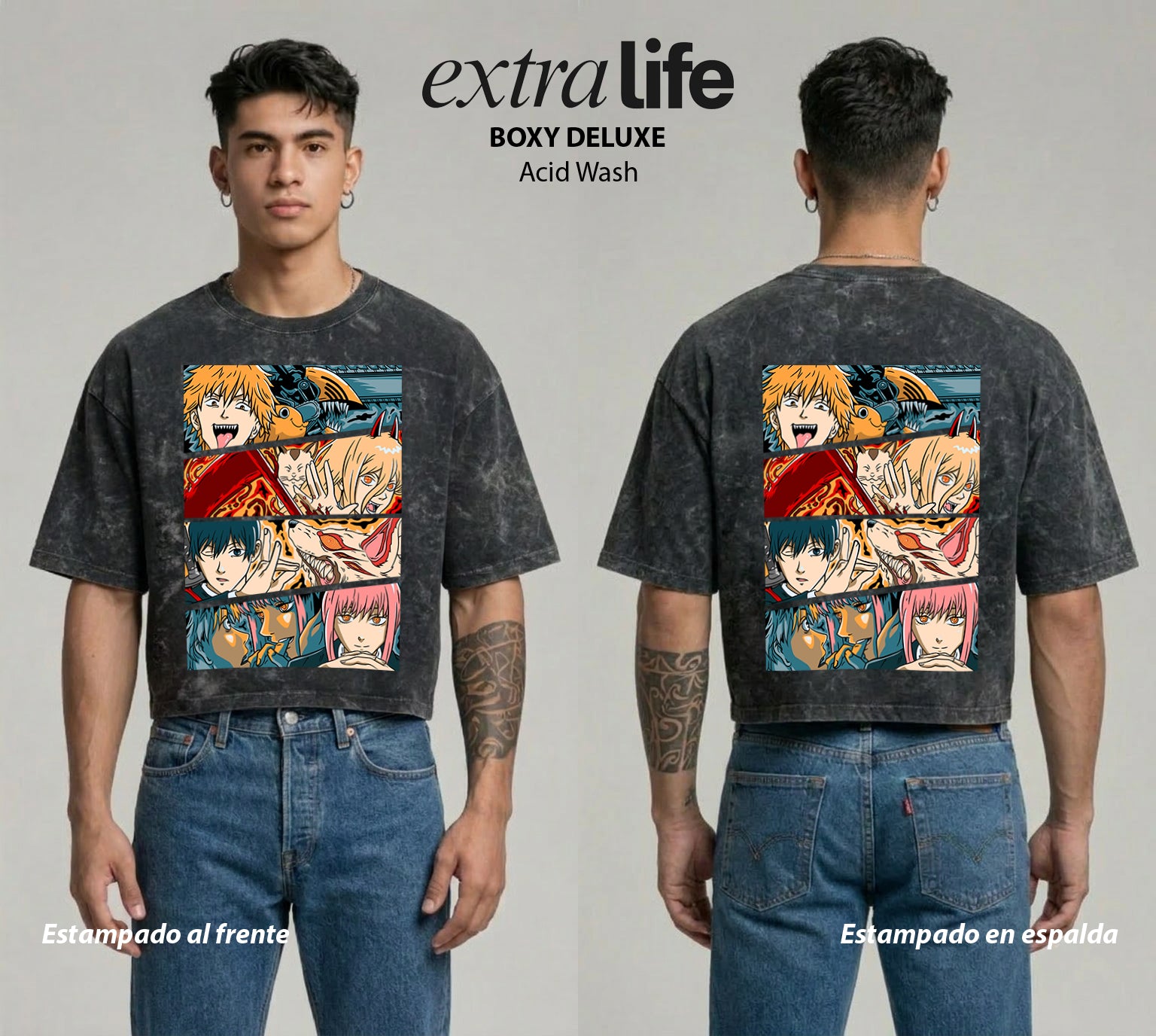 Playera streetwear premium de anime y gaming ExtraLife MX, corte boxy deluxe mineral wash heavyweight en color Acid Wash, moda urbana mexicana de culto.