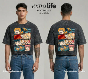 Playera streetwear premium de anime y gaming ExtraLife MX, corte boxy deluxe mineral wash heavyweight en color Acid Wash, moda urbana mexicana de culto.