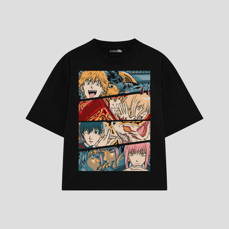 Playera streetwear premium de anime y gaming ExtraLife MX, corte boxy oversized drop shoulder heavyweight en color Deep Black y Off-White, moda urbana mexicana de culto.