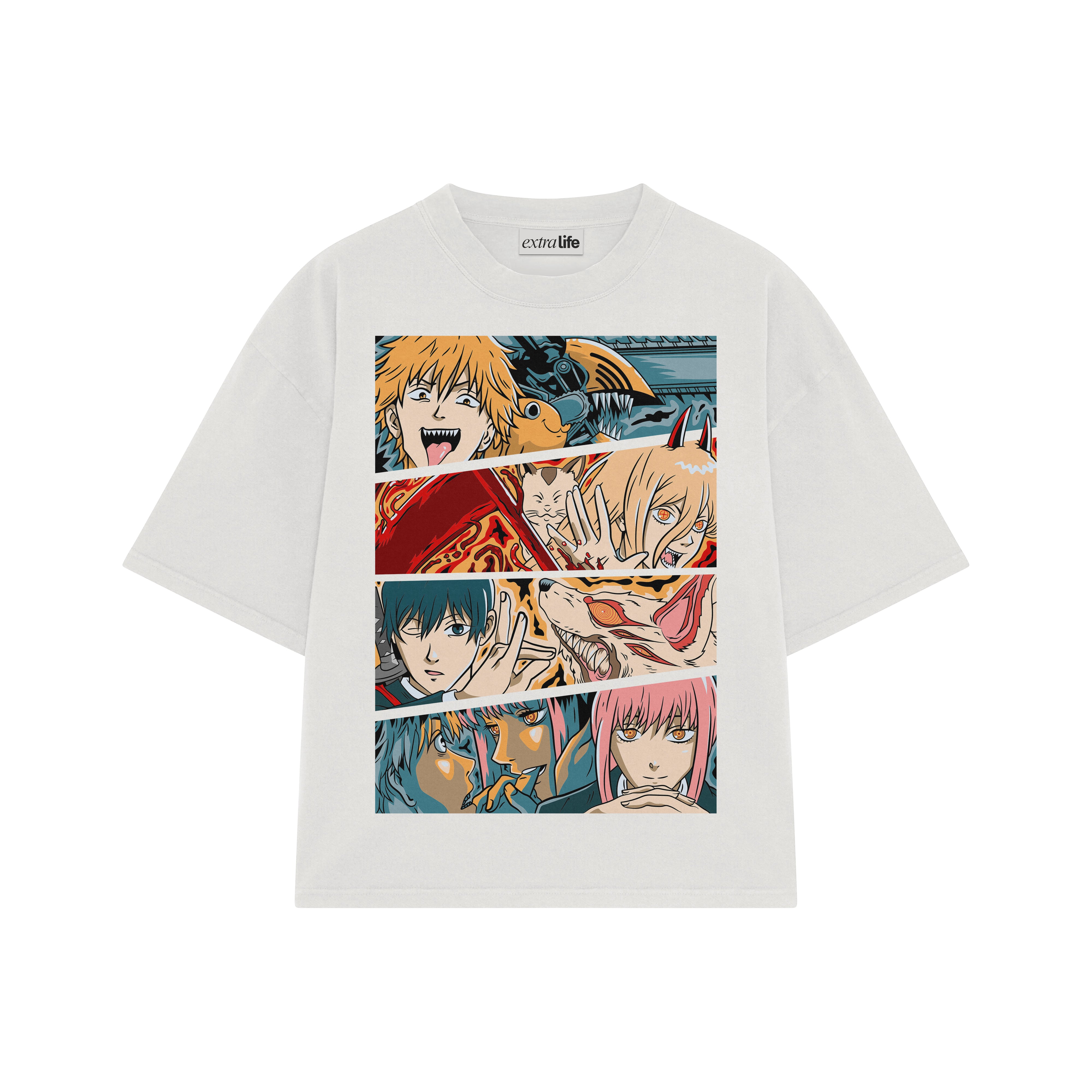 Playera streetwear premium de anime y gaming ExtraLife MX, corte boxy oversized drop shoulder heavyweight en color Deep Black y Off-White, moda urbana mexicana de culto.