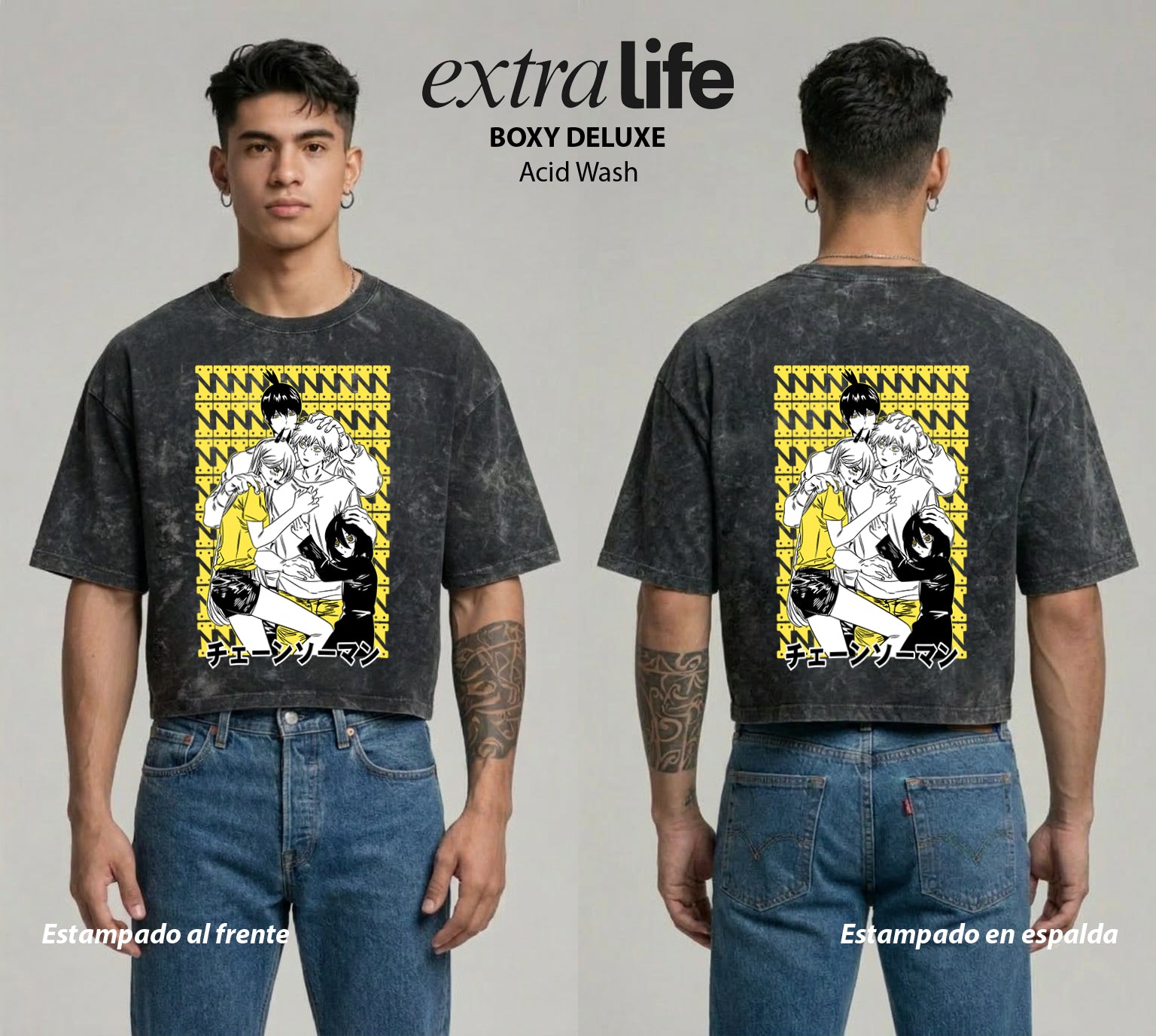 Playera streetwear premium de anime y gaming ExtraLife MX, corte boxy deluxe mineral wash heavyweight en color Acid Wash, moda urbana mexicana de culto.
