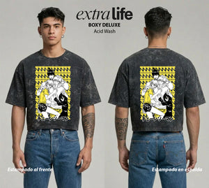 Playera streetwear premium de anime y gaming ExtraLife MX, corte boxy deluxe mineral wash heavyweight en color Acid Wash, moda urbana mexicana de culto.