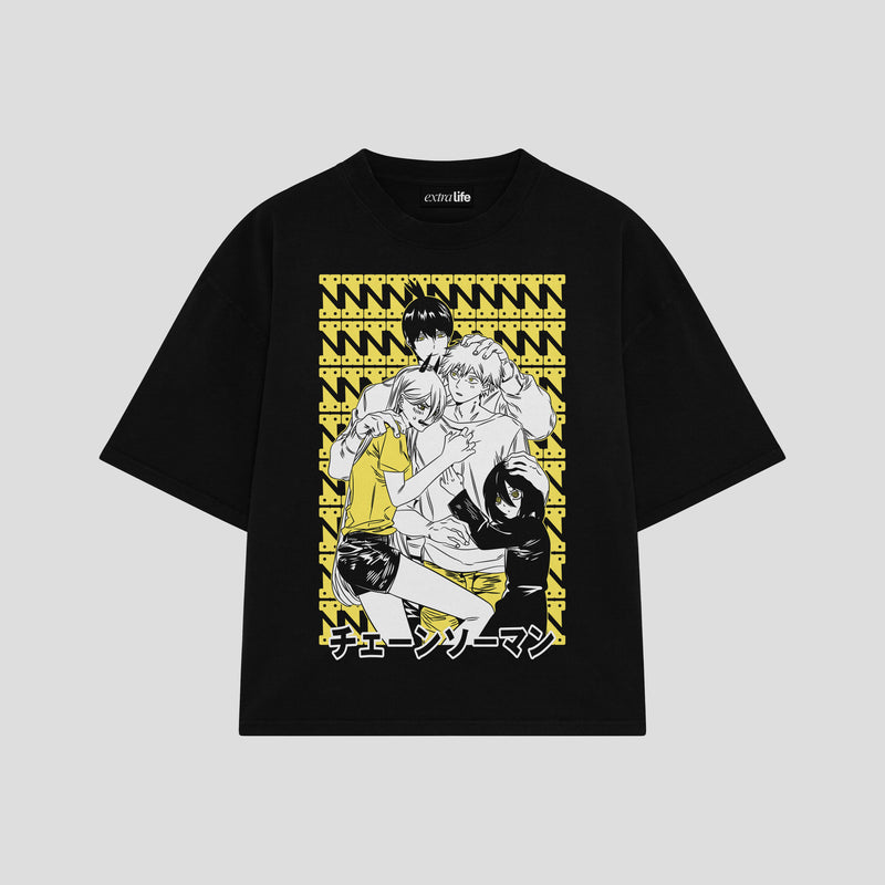Playera streetwear premium de anime y gaming ExtraLife MX, corte boxy oversized drop shoulder heavyweight en color Deep Black y Off-White, moda urbana mexicana de culto.