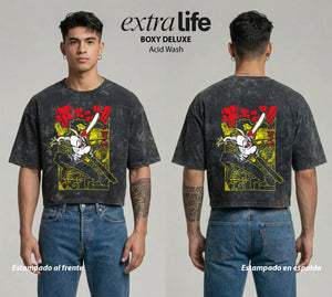 Playera streetwear premium de anime y gaming ExtraLife MX, corte boxy deluxe mineral wash heavyweight en color Acid Wash, moda urbana mexicana de culto.