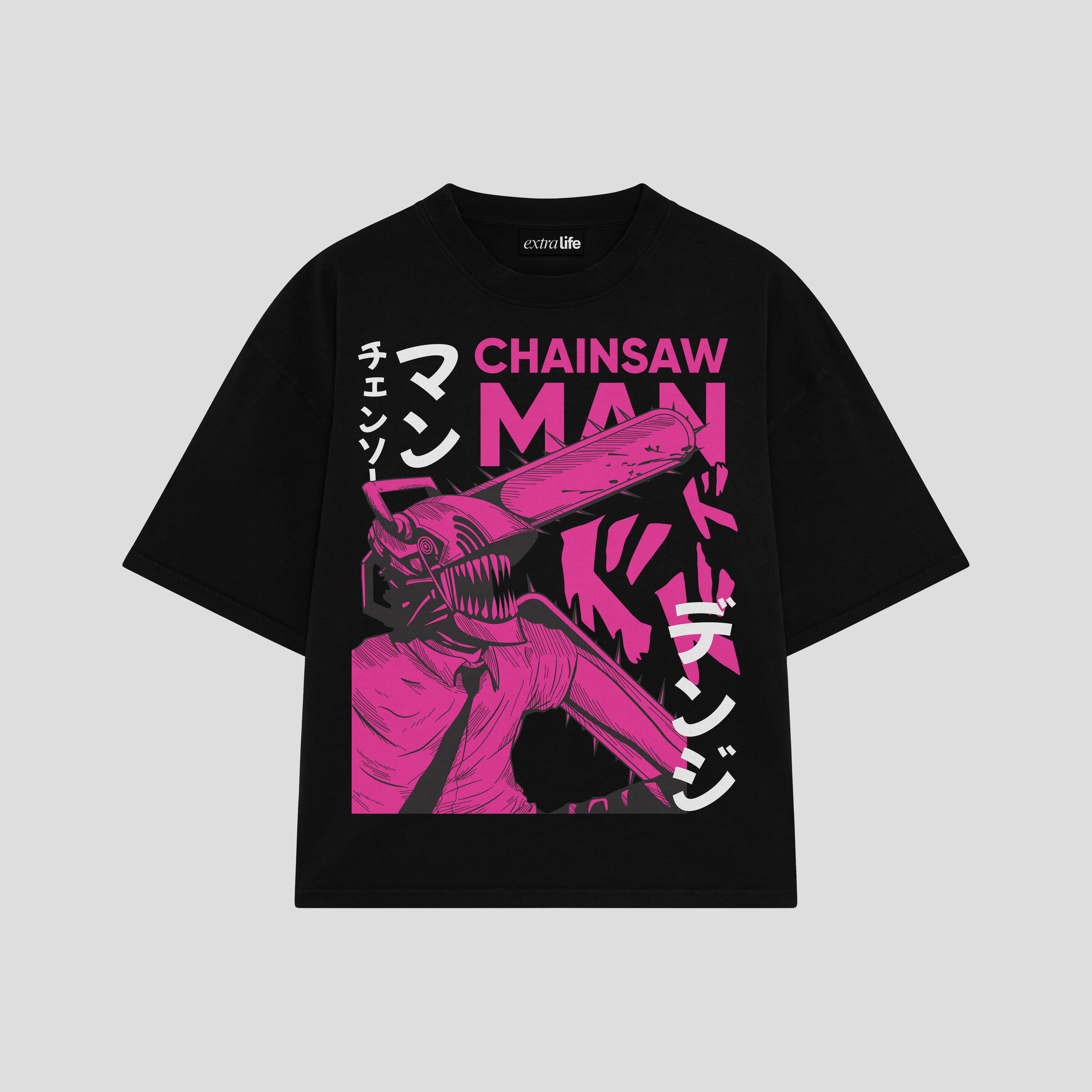 Playera streetwear premium de anime y gaming ExtraLife MX, corte boxy oversized drop shoulder heavyweight en color Deep Black y Off-White, moda urbana mexicana de culto.