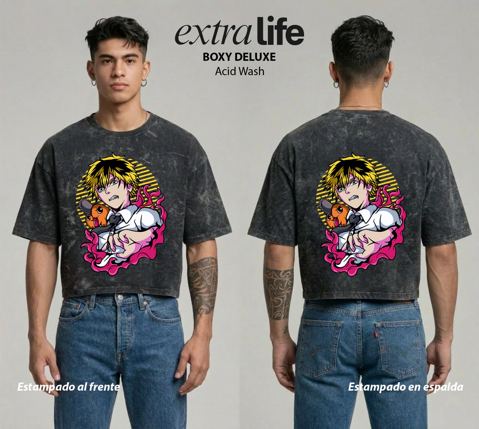 Playera streetwear premium de anime y gaming ExtraLife MX, corte boxy deluxe mineral wash heavyweight en color Acid Wash, moda urbana mexicana de culto.