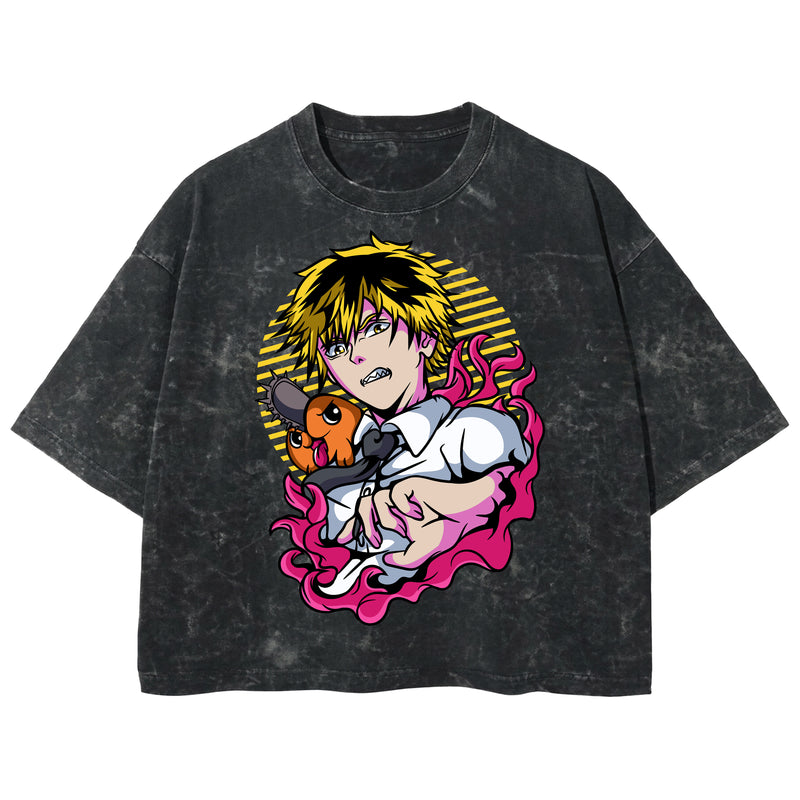 Playera streetwear premium de anime y gaming ExtraLife MX, corte boxy deluxe mineral wash heavyweight en color Acid Wash, moda urbana mexicana de culto.