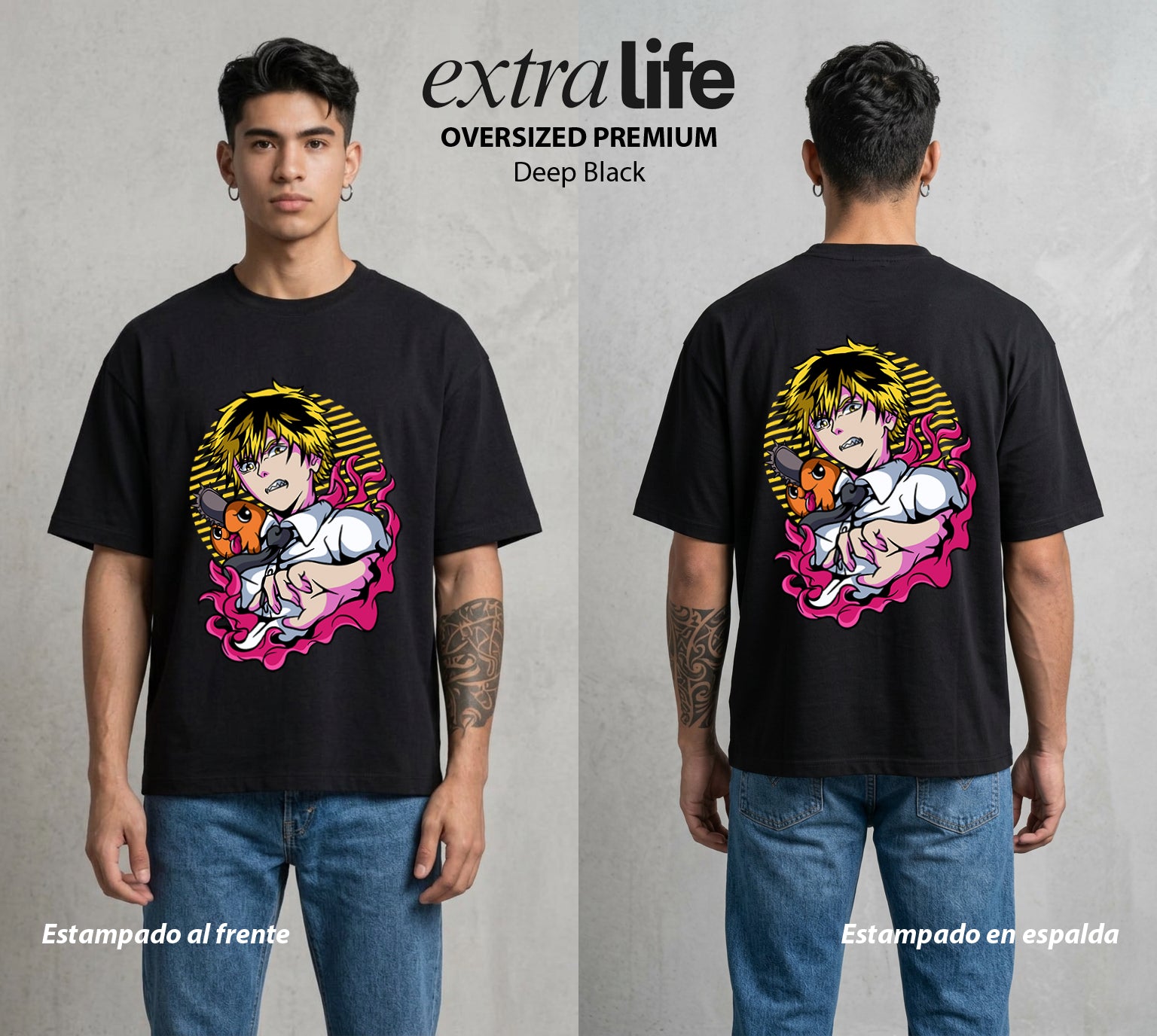 El Contrato Infernal | Motosierra y Corazon #00394 - Playera Oversized Premium | Deep Black - Foto en modelo