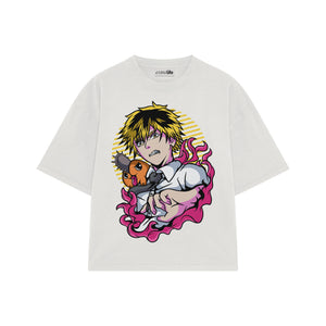 Playera streetwear premium de anime y gaming ExtraLife MX, corte boxy oversized drop shoulder heavyweight en color Deep Black y Off-White, moda urbana mexicana de culto.
