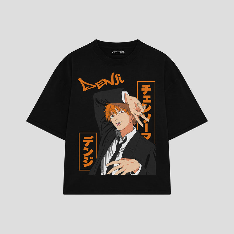 Playera streetwear premium de anime y gaming ExtraLife MX, corte boxy oversized drop shoulder heavyweight en color Deep Black y Off-White, moda urbana mexicana de culto.