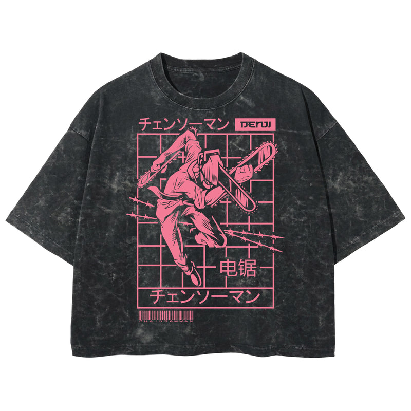 Playera streetwear premium de anime y gaming ExtraLife MX, corte boxy deluxe mineral wash heavyweight en color Acid Wash, moda urbana mexicana de culto.