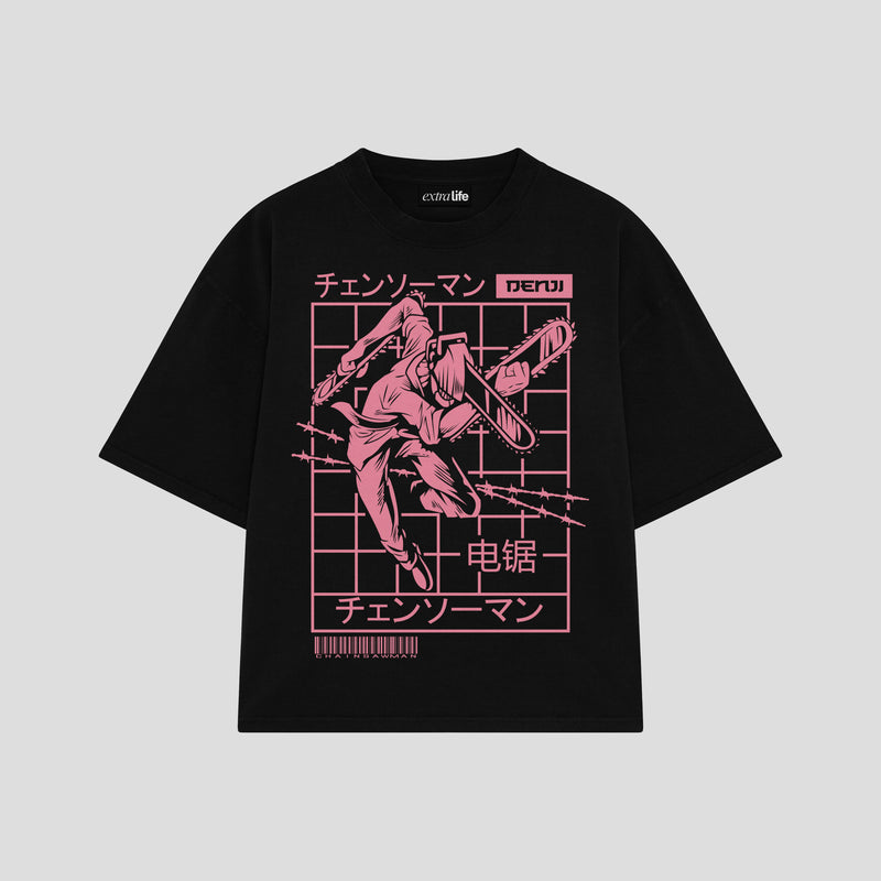 Playera streetwear premium de anime y gaming ExtraLife MX, corte boxy oversized drop shoulder heavyweight en color Deep Black y Off-White, moda urbana mexicana de culto.