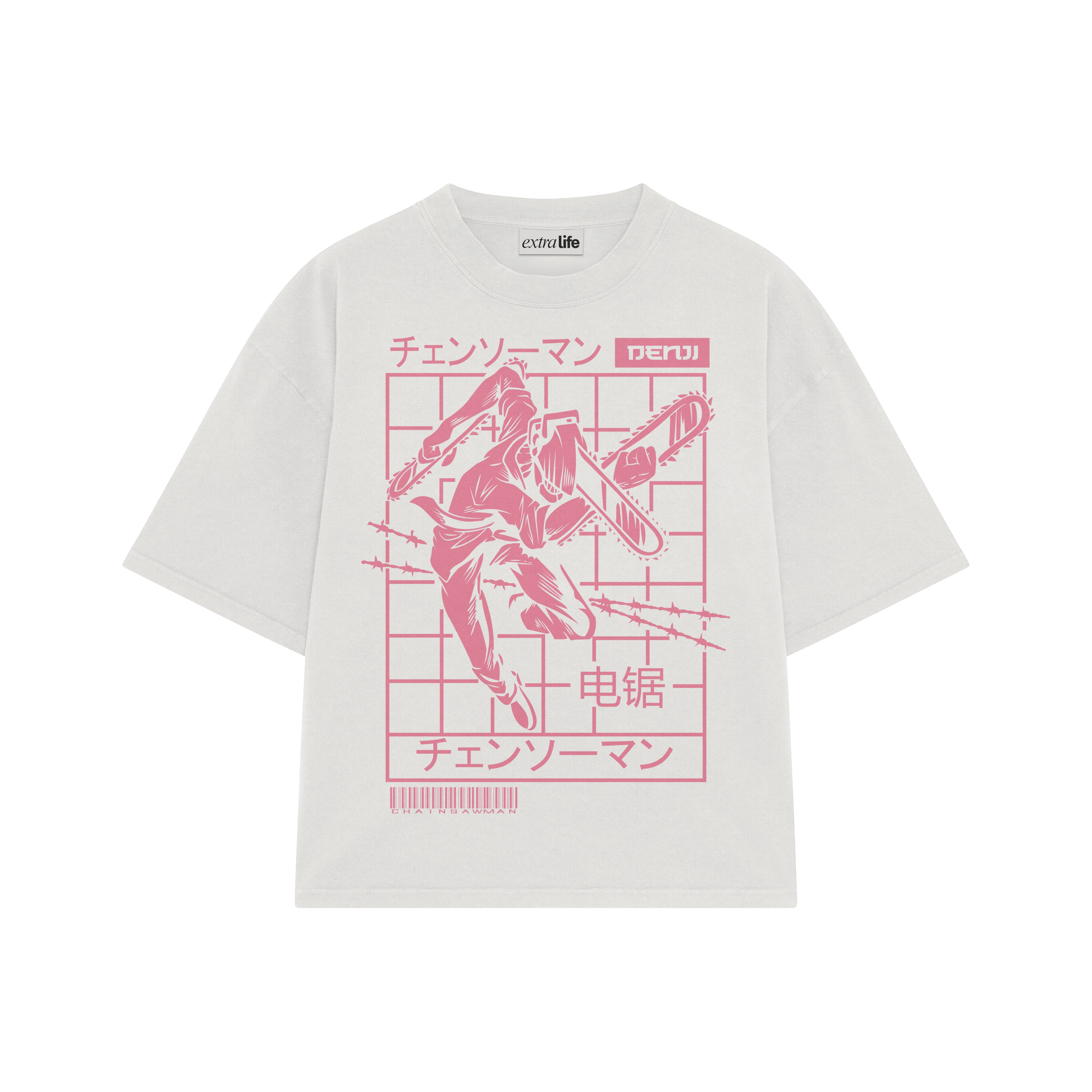 Playera streetwear premium de anime y gaming ExtraLife MX, corte boxy oversized drop shoulder heavyweight en color Deep Black y Off-White, moda urbana mexicana de culto.