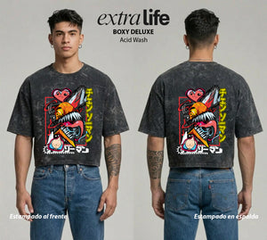 Playera streetwear premium de anime y gaming ExtraLife MX, corte boxy deluxe mineral wash heavyweight en color Acid Wash, moda urbana mexicana de culto.