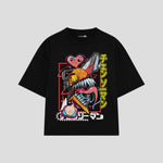 Playera streetwear premium de anime y gaming ExtraLife MX, corte boxy oversized drop shoulder heavyweight en color Deep Black y Off-White, moda urbana mexicana de culto.