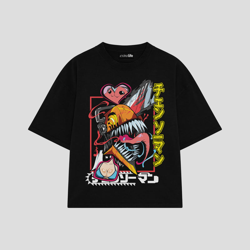 Playera streetwear premium de anime y gaming ExtraLife MX, corte boxy oversized drop shoulder heavyweight en color Deep Black y Off-White, moda urbana mexicana de culto.