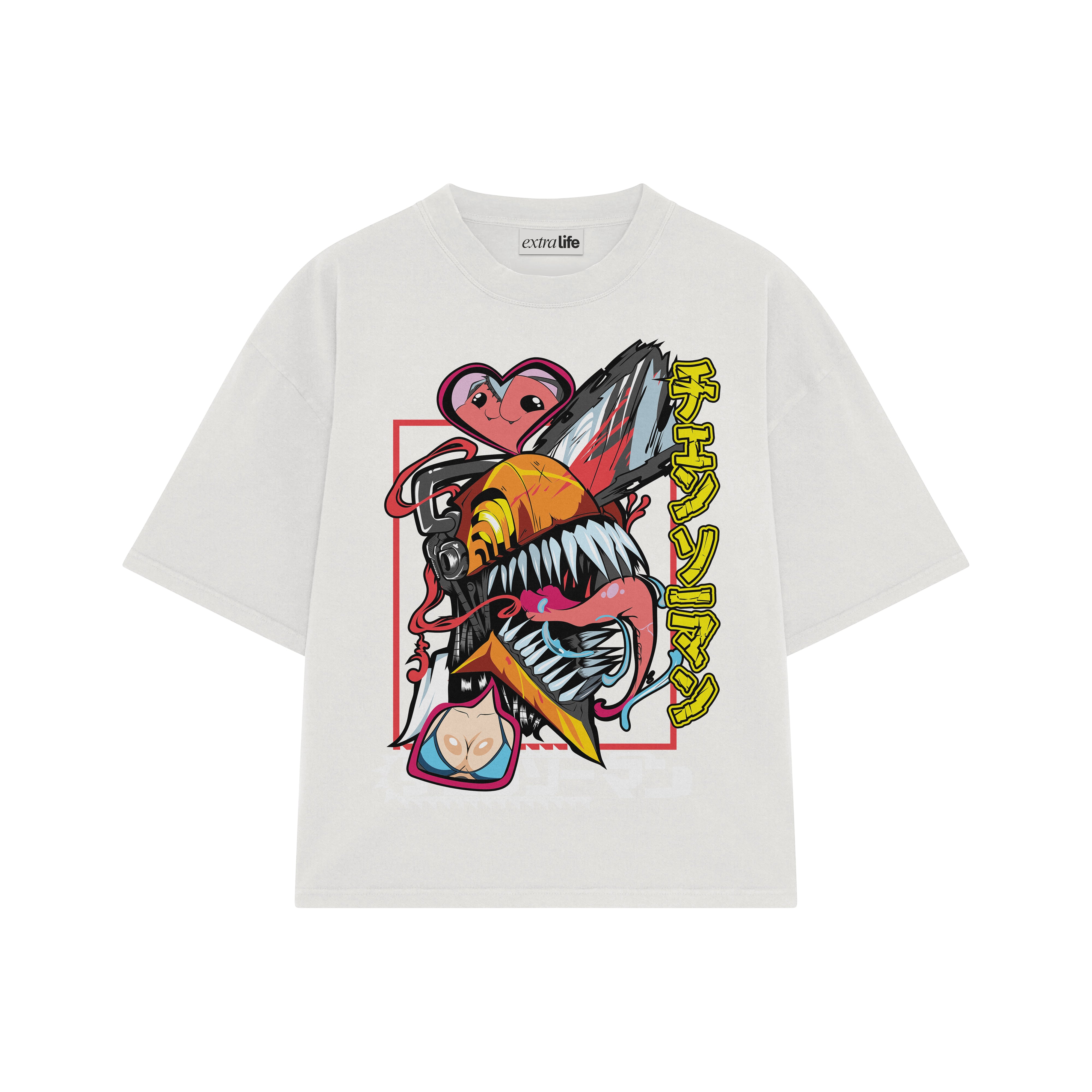 Playera streetwear premium de anime y gaming ExtraLife MX, corte boxy oversized drop shoulder heavyweight en color Deep Black y Off-White, moda urbana mexicana de culto.
