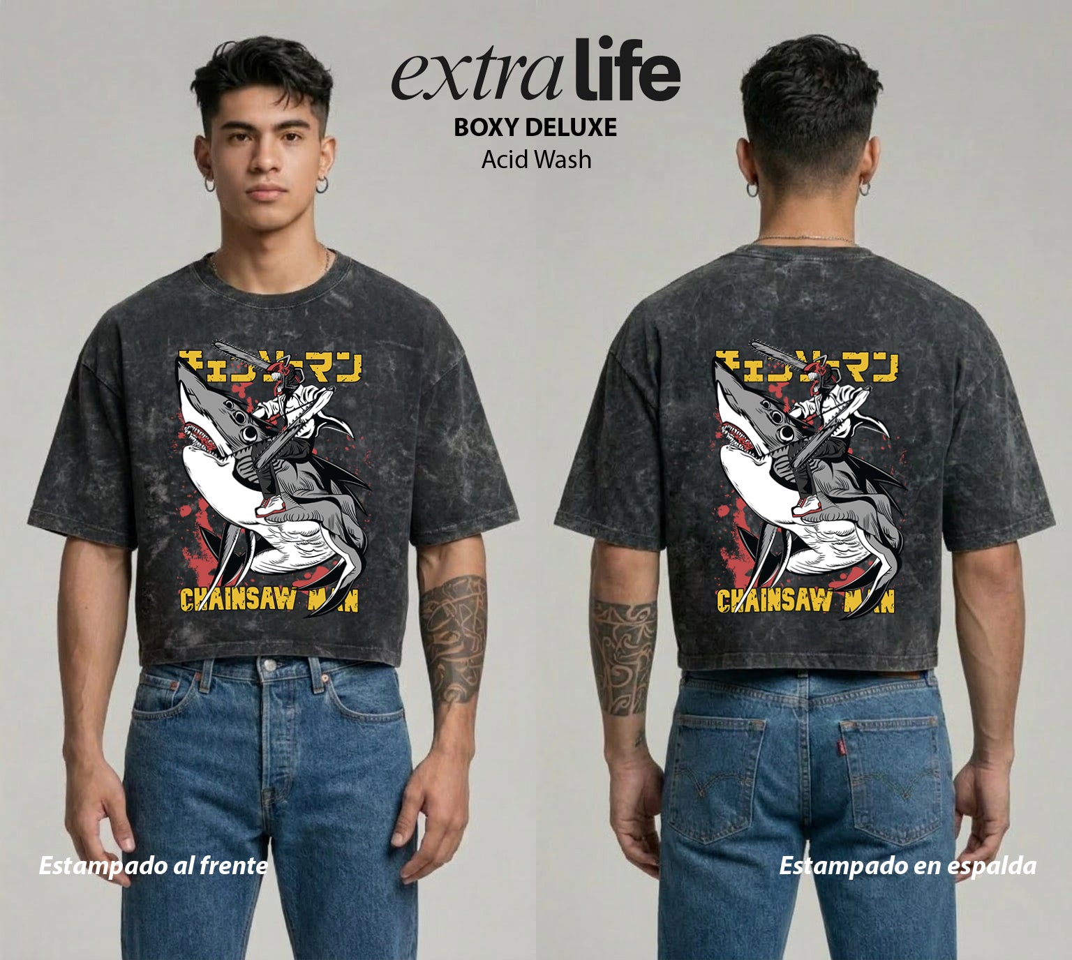 Playera streetwear premium de anime y gaming ExtraLife MX, corte boxy deluxe mineral wash heavyweight en color Acid Wash, moda urbana mexicana de culto.